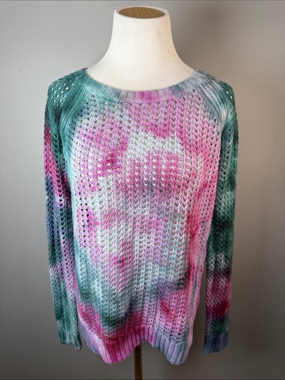 Open-Knit Tie-Dye Pullover Sweater - Pink & Green